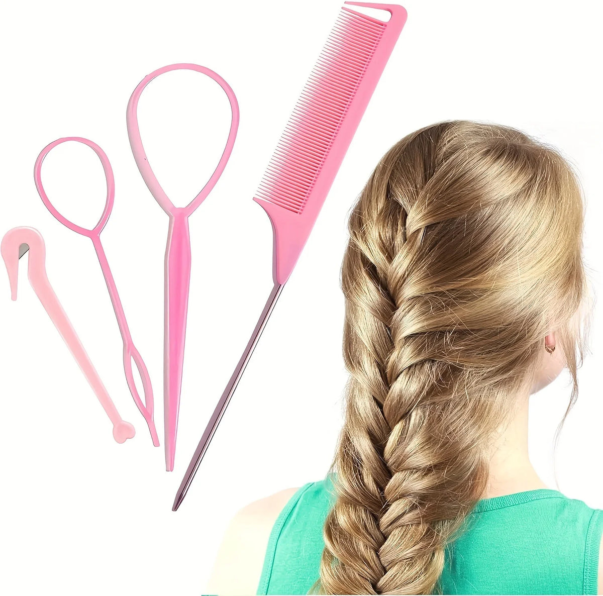 4-piece WANMEI  Headband Tool, Hair Braiding Tool with Mouse Tail Comb, Ponytail Headband Remover, Quick Styling Hair Accessory
