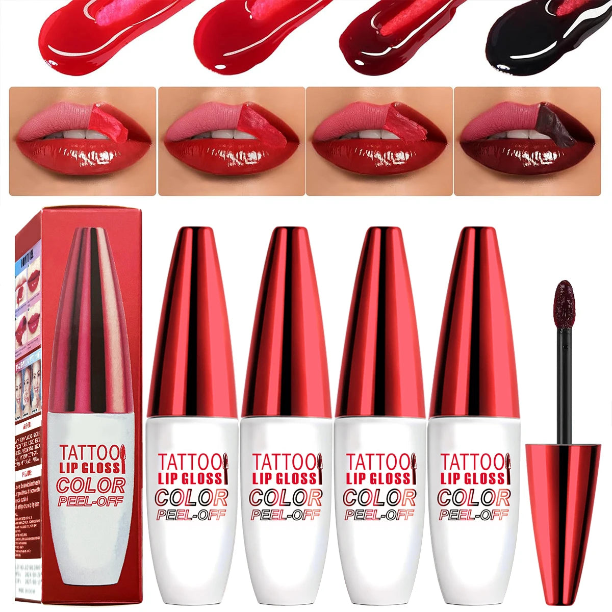 ZaiDoc Peel Off Lip Stain Tint Set 4 Colors Long Lasting Waterproof Transfer Proof Matte Finish Lip Gloss 10g Each