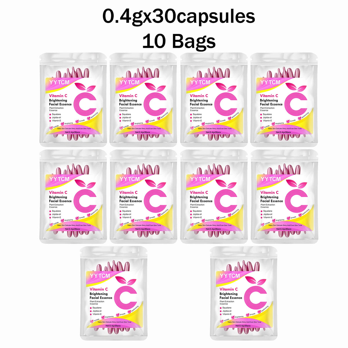 Vitamin C Brightening Skin Moisturizing Capsule Serum, hydrates and smooths the skin, contains plant squalane, vitamin E, magnolia oil, and jojoba seed oil for deep hydration and skin brightening (0.4g x 30 capsules)/bag-1 ba