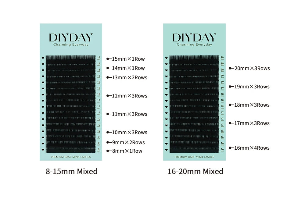 DIYDAY 16Rows Classic Lashes Individual Natural False Mink Eyelashes B C CC D DD Curl Eyelash Extension Supplies for Makeup