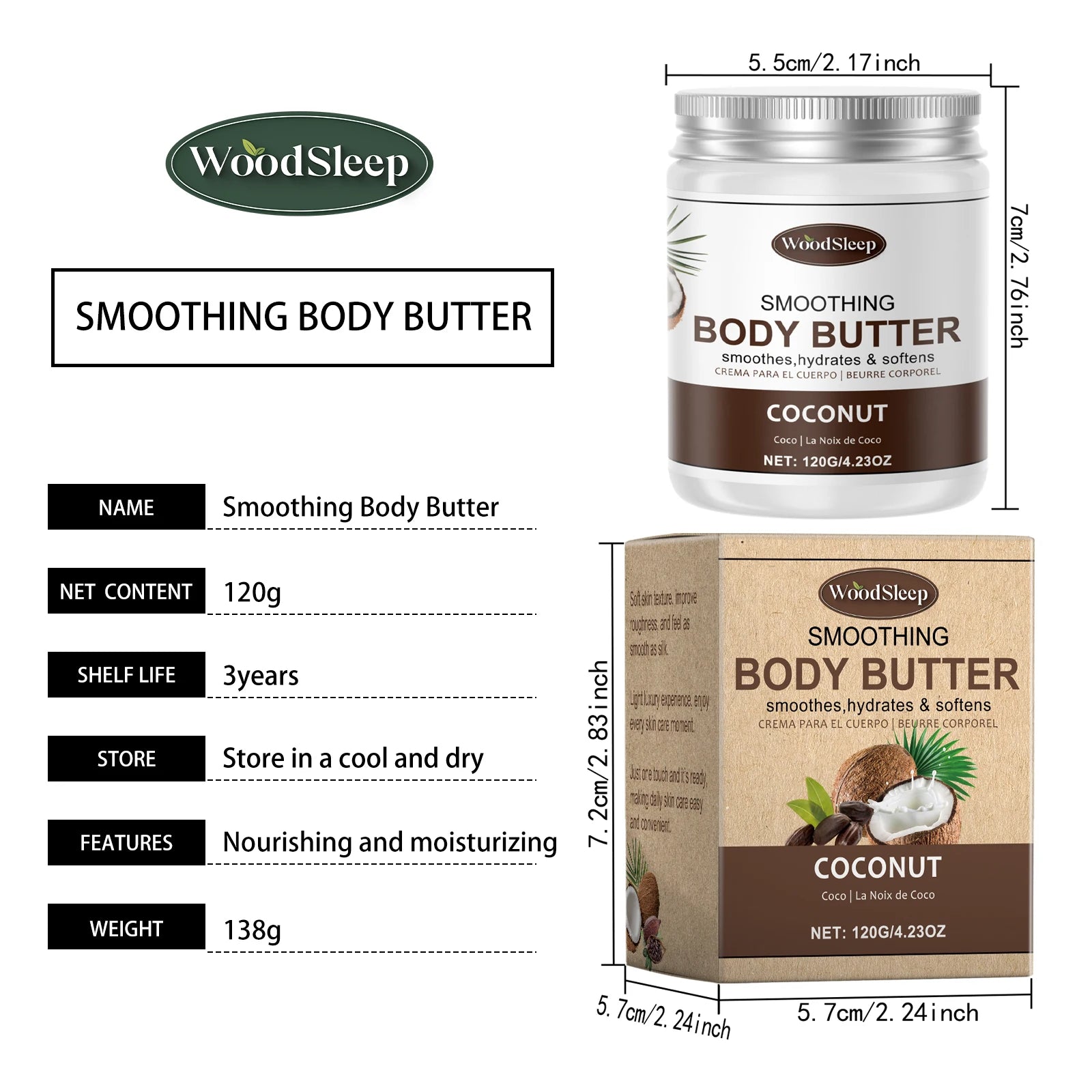Woodsleep Coconut Body Butter Cream Long Lasting Smooth Skin Firming Anti Crack Honey Mango Papaya Moisturizing Body Cream 120g