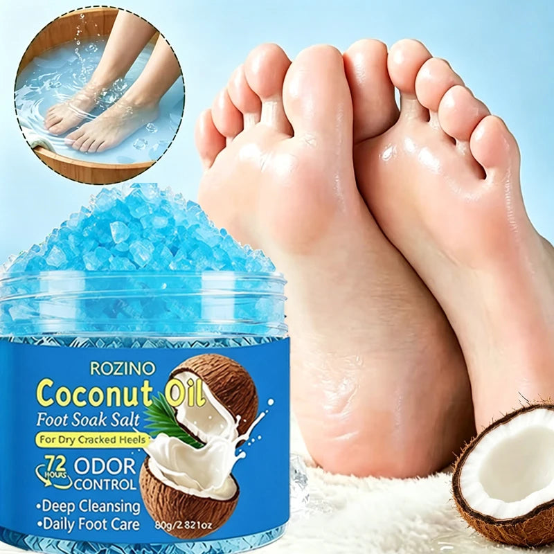 80g Coconut Oil Deodorizing Cleansing Foot Bath Salt, Natural Fragrance for Foot Care, Foot Soaking Exfoliating Salt, Deep Cleansing, Removes Dead Skin Cells, Long-Lasting Moisturizing Care