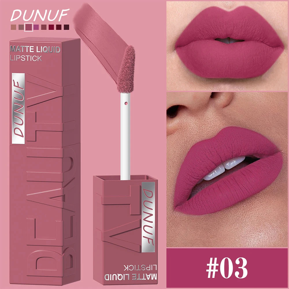 DUNUF Matte Velvet Lip Gloss, 3D Plumping & Waterproof, Square Tube Lipstick, Easy Application, 8 Shades (All-in-One)