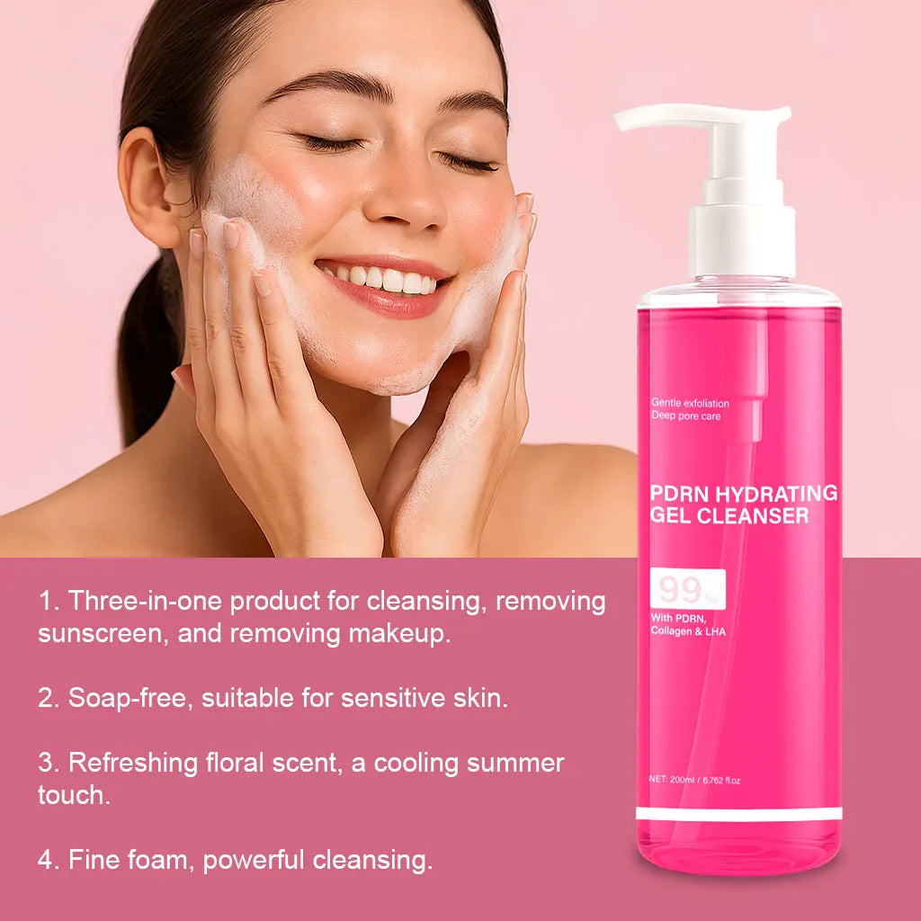 PDRN Hydrating Gel Cleanser, Salmon Pink Foam Cleansing Gel with PDRN & Collagen,Deep Cleansing,Gentle and Non-irritating, 200ml