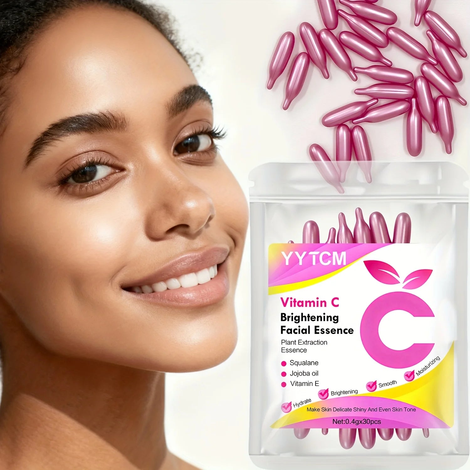 Vitamin C Brightening Skin Moisturizing Capsule Serum, hydrates and smooths the skin, contains plant squalane, vitamin E, magnolia oil, and jojoba seed oil for deep hydration and skin brightening (0.4g x 30 capsules)/bag-1 ba