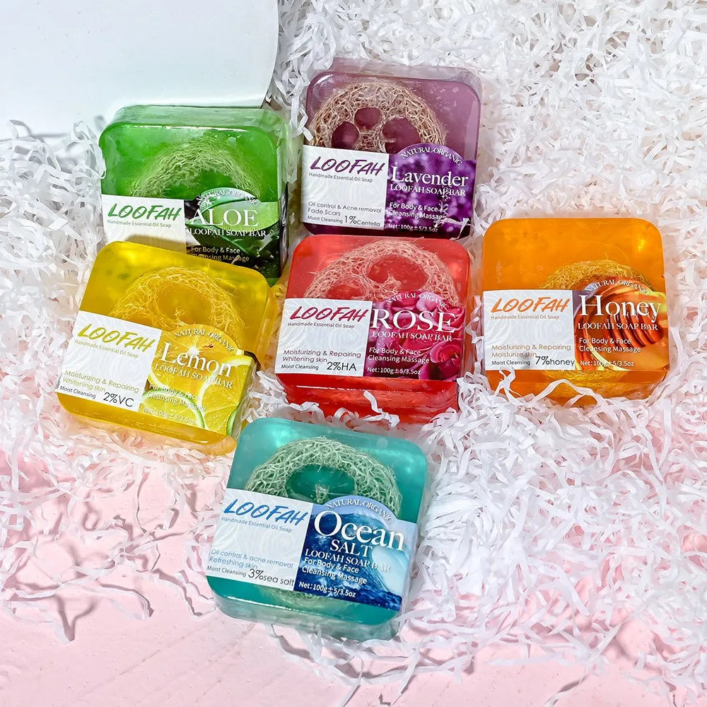 Facial Honey Loofah Soap Acne Treatment Tea Tree Lemon Rose Whitening Handmade Eco-friendly Sponge Honey Loofah Soap
