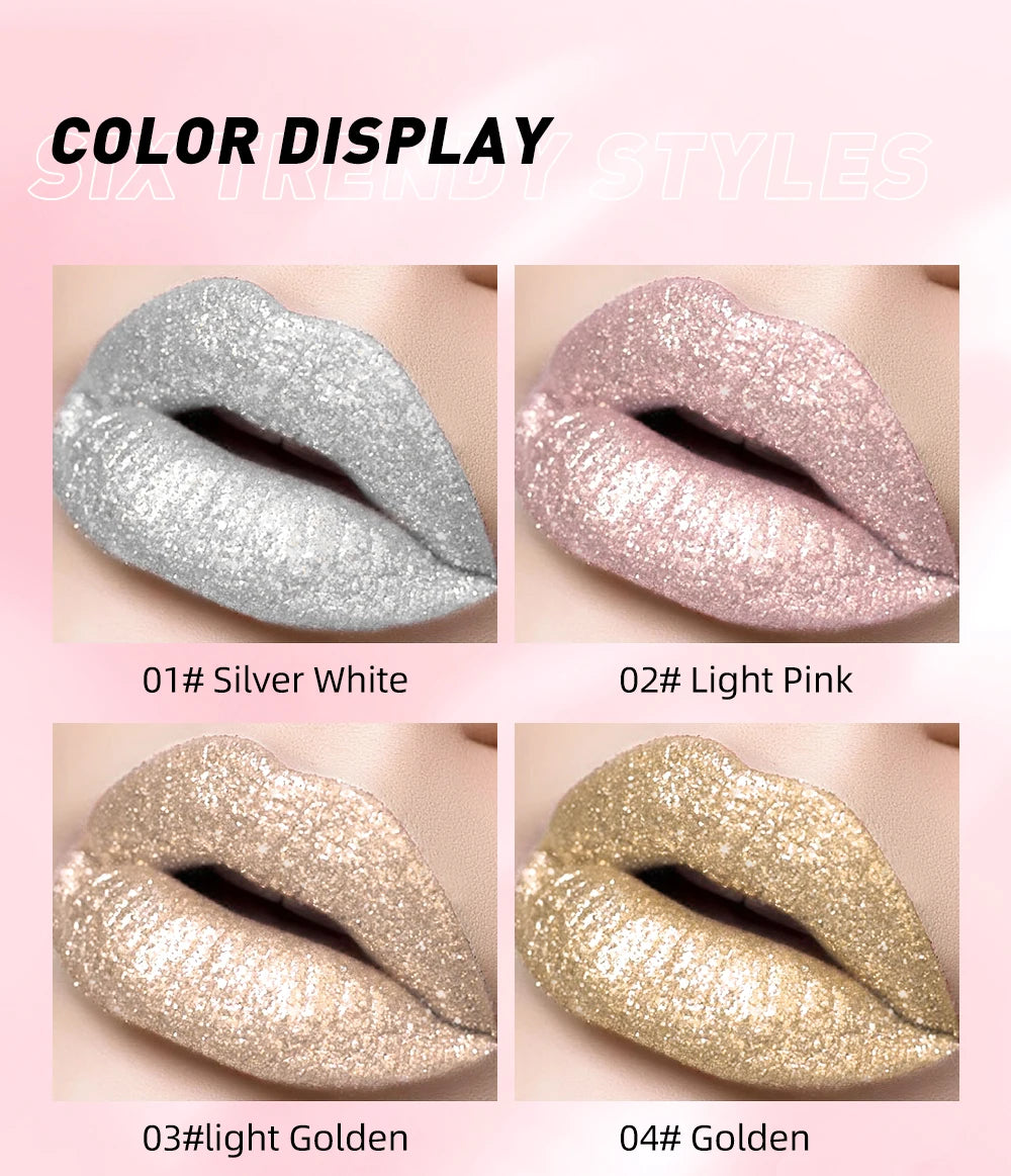 QIBEST Glitter Diamond Liquid Lipstick Waterproof Long Lasting Pearl Shiny Lip Gloss Metal Charming Women Lip Makeup 6 Colors