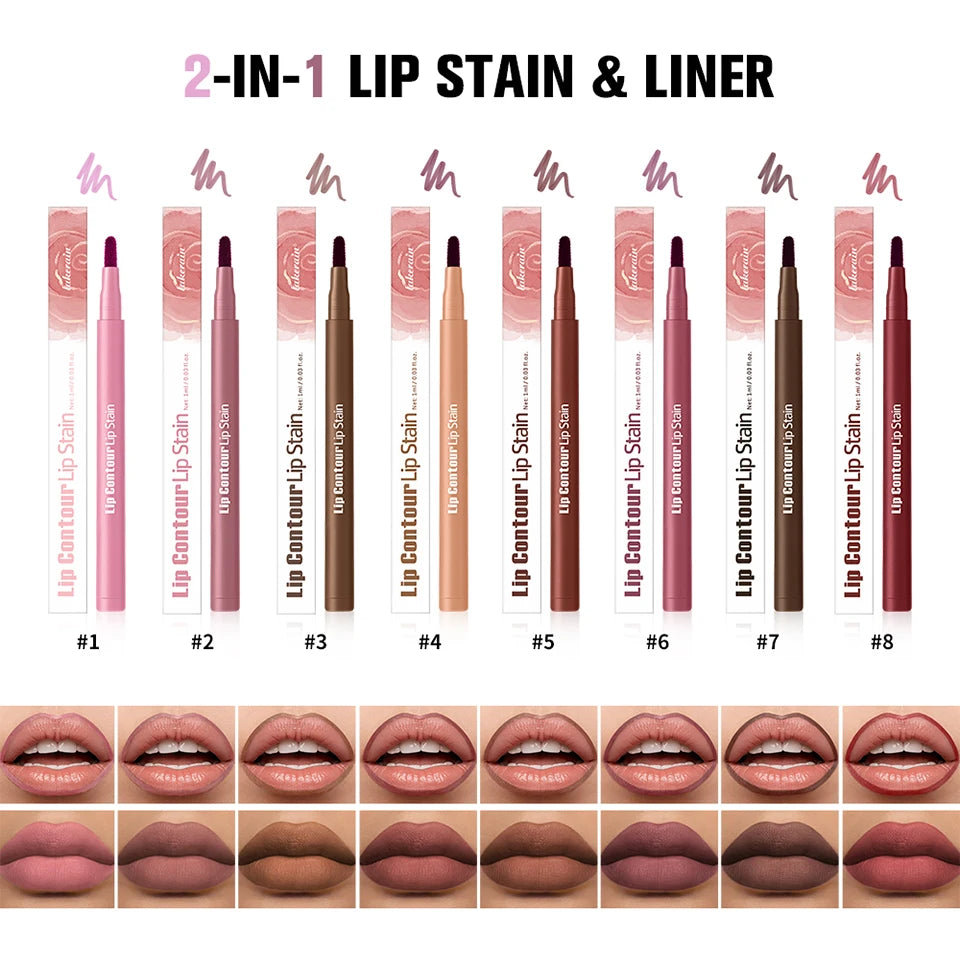 Waterproof 2 In 1 Lip Stain And Liner Pen Long Lasting Smudge Proof Kiss Proof Transfer Resistant 8 Colors Makeup Lip Pencil