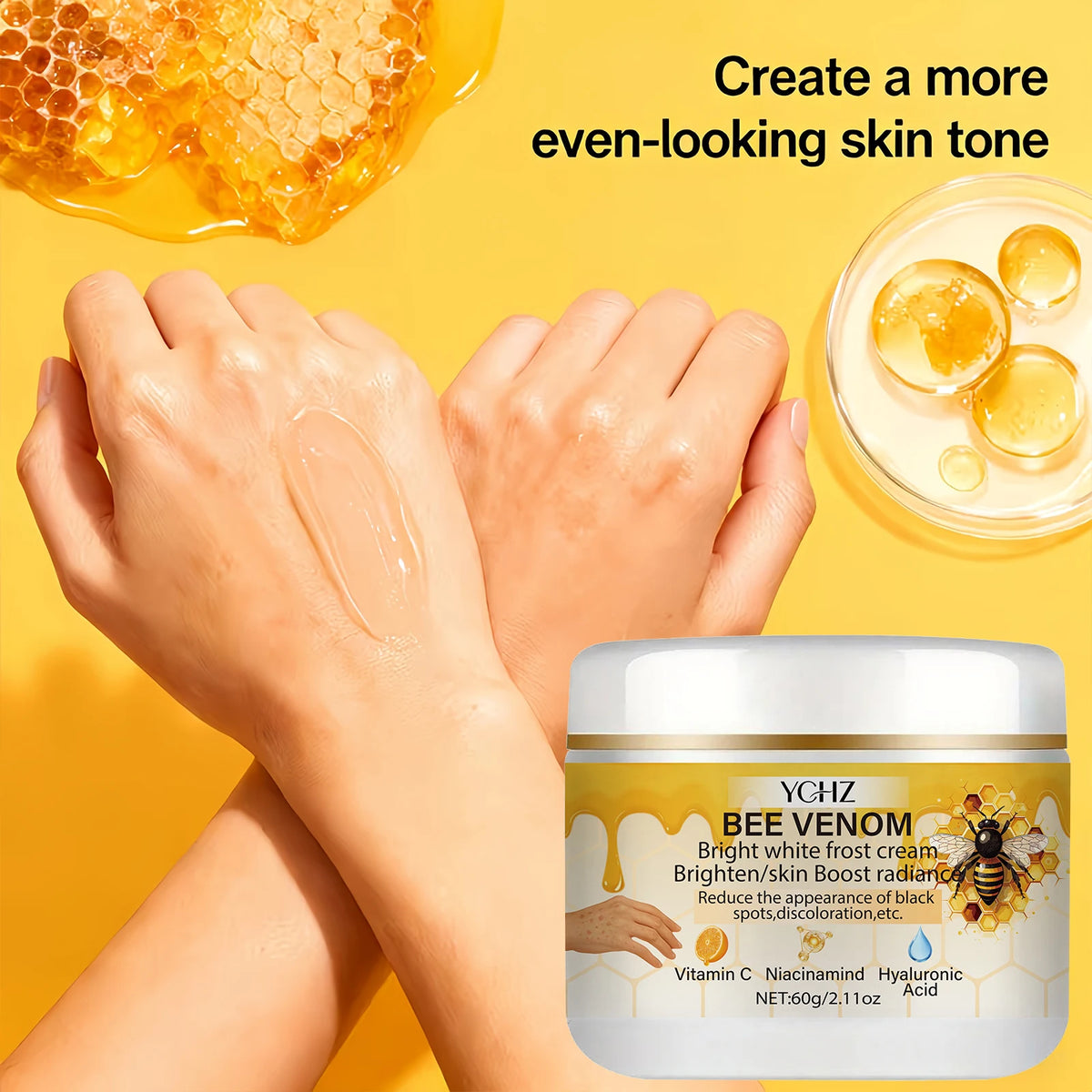 Bee Venom Brightening Cream, Evens Out Skin Tone, Eliminates Dark Spots and Dullness - Non-Greasy, Suitable for Both Men and Women - Whitening and Moisturizing Cream, for Day and Night Use - 60g