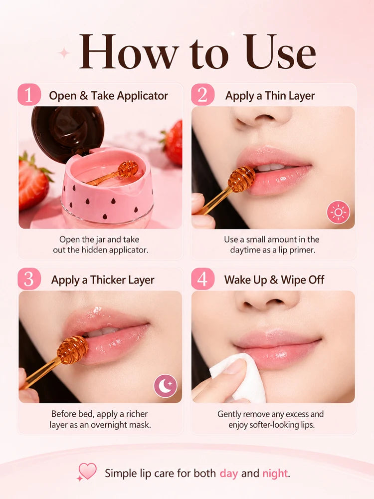 MYHO Strawberry Lip Sleeping Mask Overnight Repair Balm Hydrating Moisturizing Jelly Lip Care Non-Sticky Gloss with Applicator