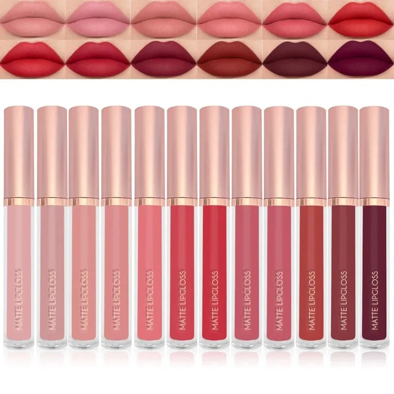 12 Colors Matte Velvet Sexy Lip Gloss Waterproof Long-Lasting Non-stick Cup Lip Glaze Nude Liquid Lipstick Lips Makeup Cosmetics