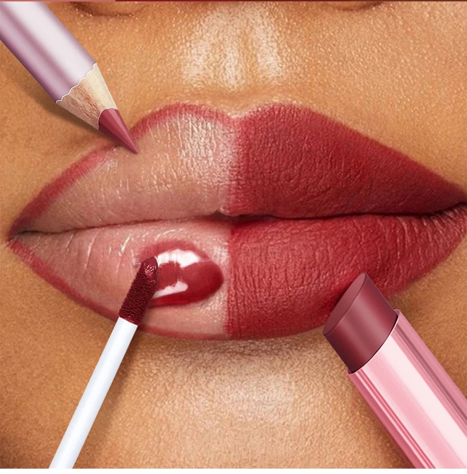 Lipliner&Lipstick Lip Gloss Set 3pcs/set Waterproof Long Lasting Lip Makeup Matte Travel Mini Set Women's Makeup Cosmetics
