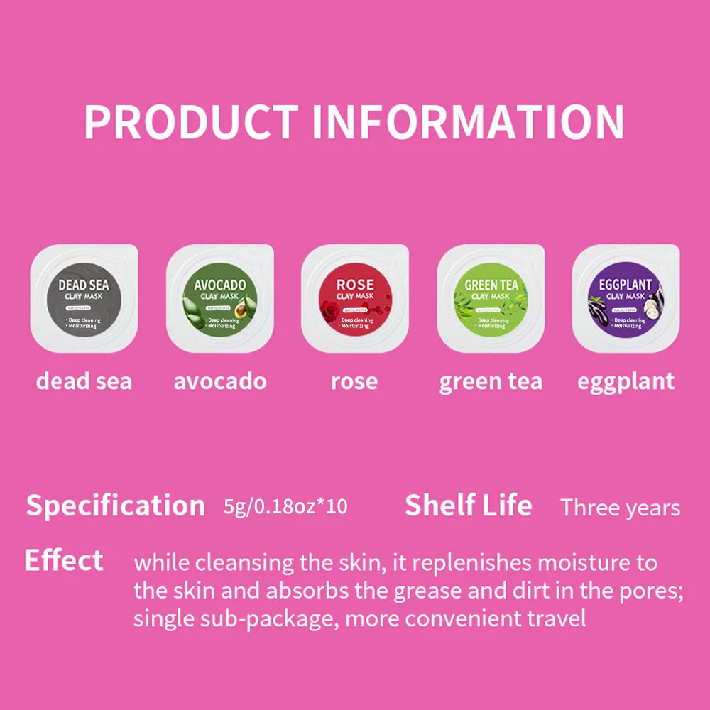 10pcs Clay Mask,Gentle Cleansing,Moisturizing and Hydrating Skin,Eggplant/Rose/Green Tea Mask Restore Skin Mask Travel Essential