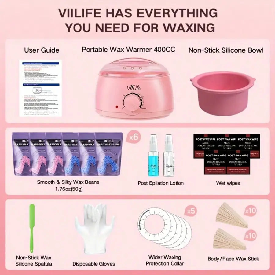 VIILIFE Waxing Kit, Hair Removal Hard Wax Kit With Wax Melt Warmer & Waxing Beads Gift For A Woman/man/teenager/wife/friend - Pr