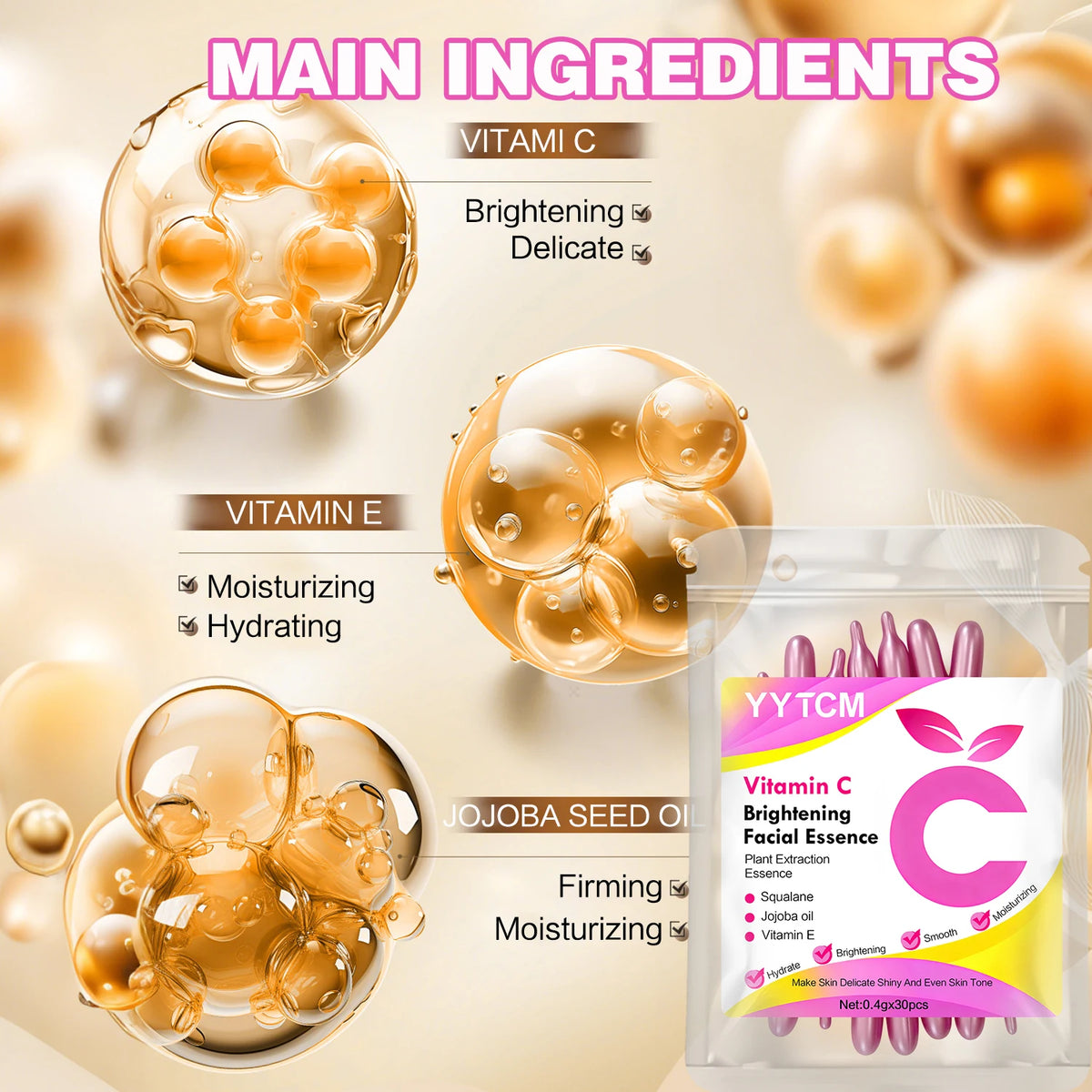 Vitamin C Brightening Skin Moisturizing Capsule Serum, hydrates and smooths the skin, contains plant squalane, vitamin E, magnolia oil, and jojoba seed oil for deep hydration and skin brightening (0.4g x 30 capsules)/bag-1 ba