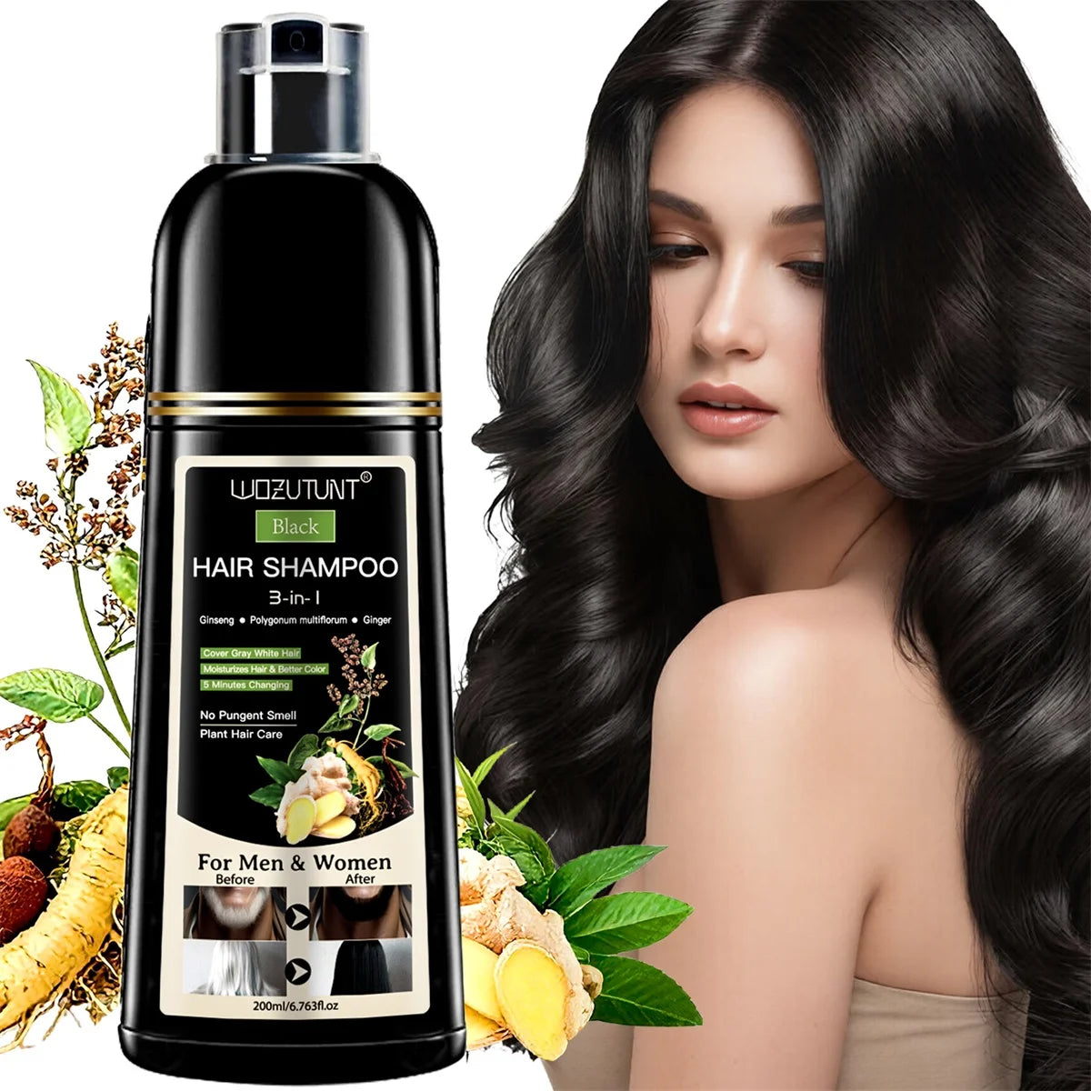 200ml 3 In 1 Natural Herbal Hair Dye Shampoo Black Dark Brown Cover Gray Deep Nourishing Fast Hair Coloring Cream for Women Men
