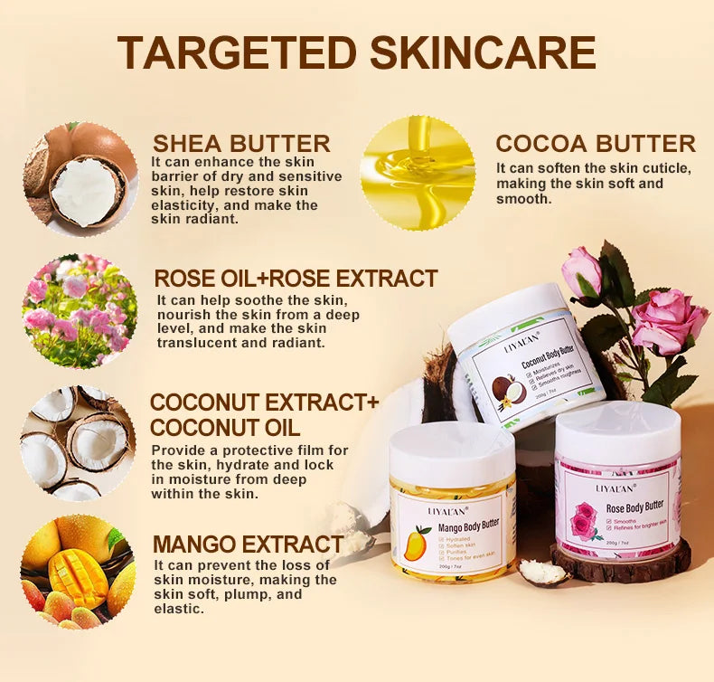 Shea Body Butter Soothes Dry Skin Nourish Moisturizer Smooth Rough Deep Hydration Cream Coconut Rose Mango Skin Care Body Lotion