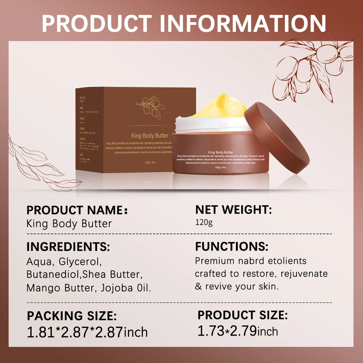 King Body Butter 120g with Shea Butter & Jojoba Oil - 24H Intensive Moisturizing Cream for All Skin Types, Deep Nourishment