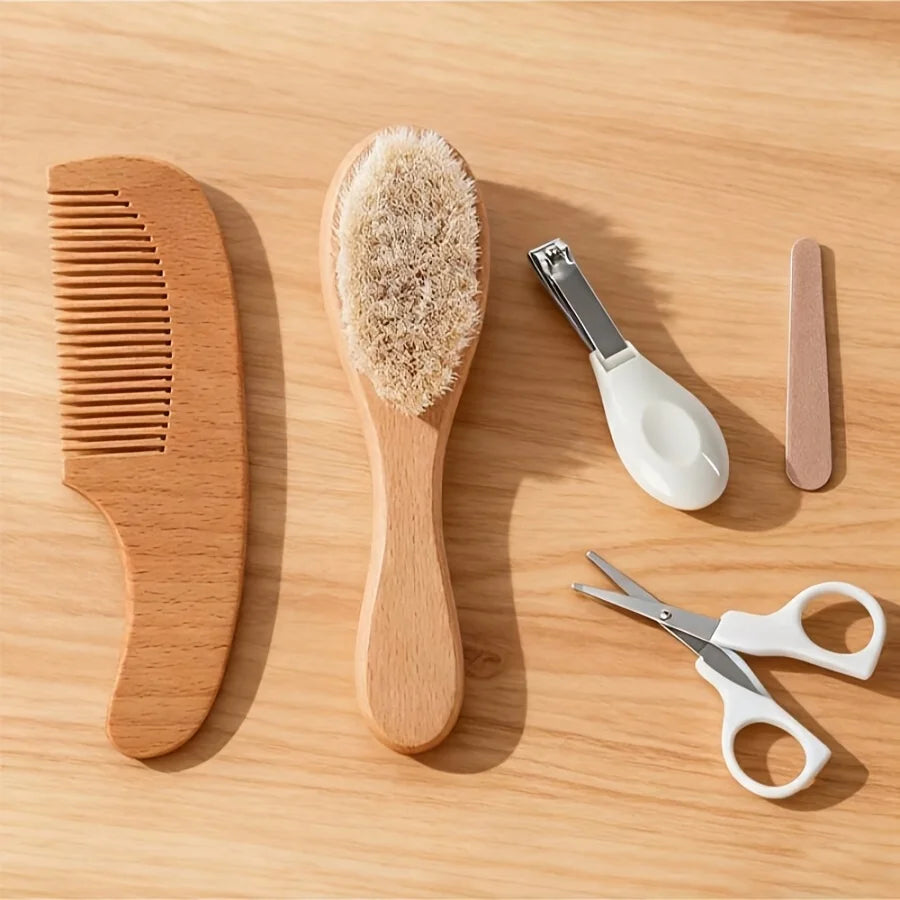 Baby Brush Set - Newborn Scalp Cleaning Soft Hairbrush - Beechwood Bathing and Massaging Nail Clippers - Nail Shears - Nail File